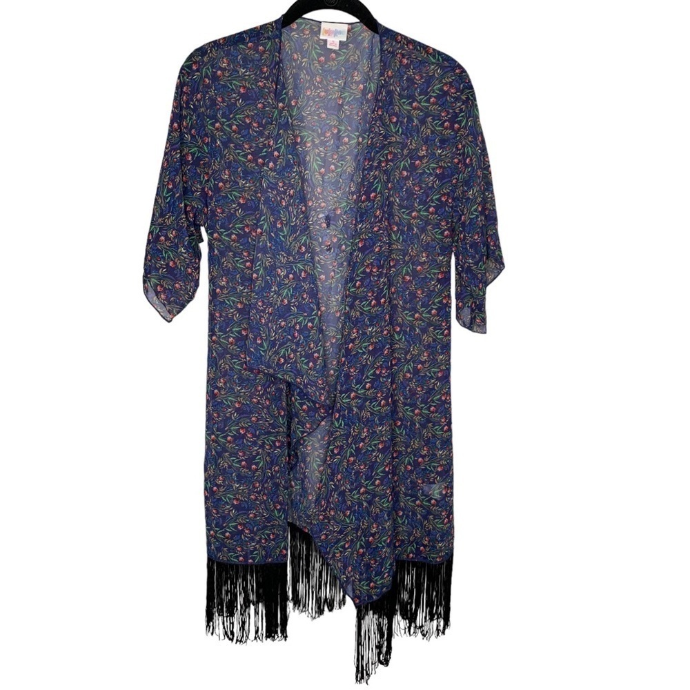 Lularoe Womens Open Front sheer cardigan S/S Floral Fringe small